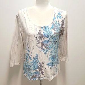 Heart of Palms Top 3/4 Sleeve Round Neck Embellished Teal Gray White Size M